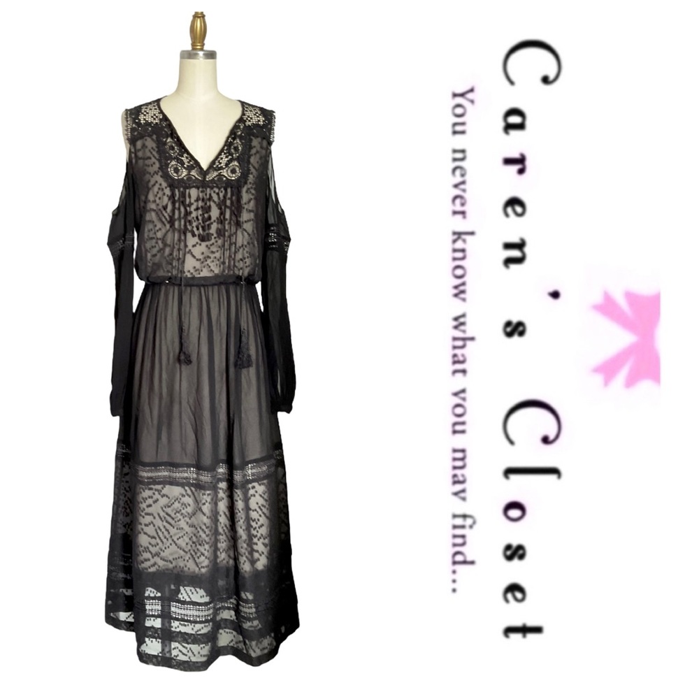 Karen Milan Black Chiffon Lace Cold Shoulder Midi Cocktail Dress - Picture 4 of 10